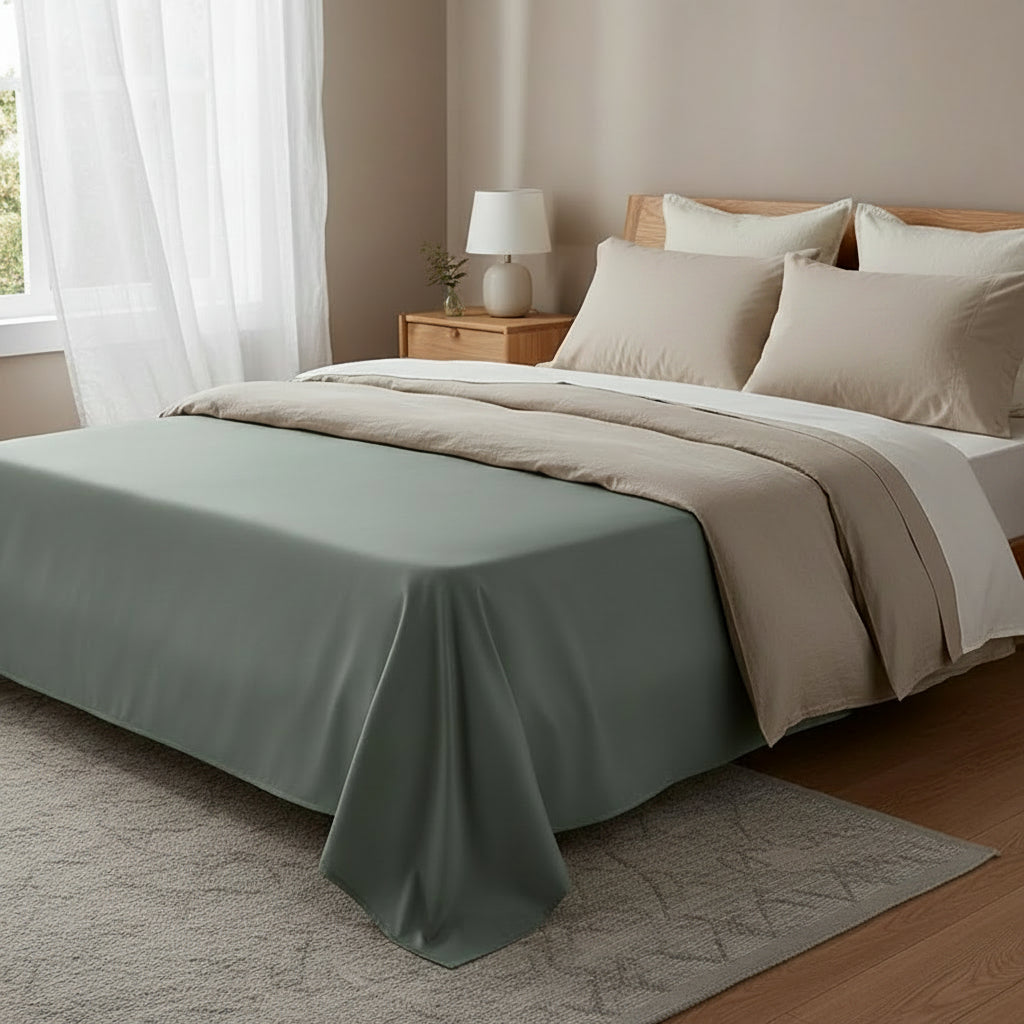Drap housse en satin de coton vert-gris