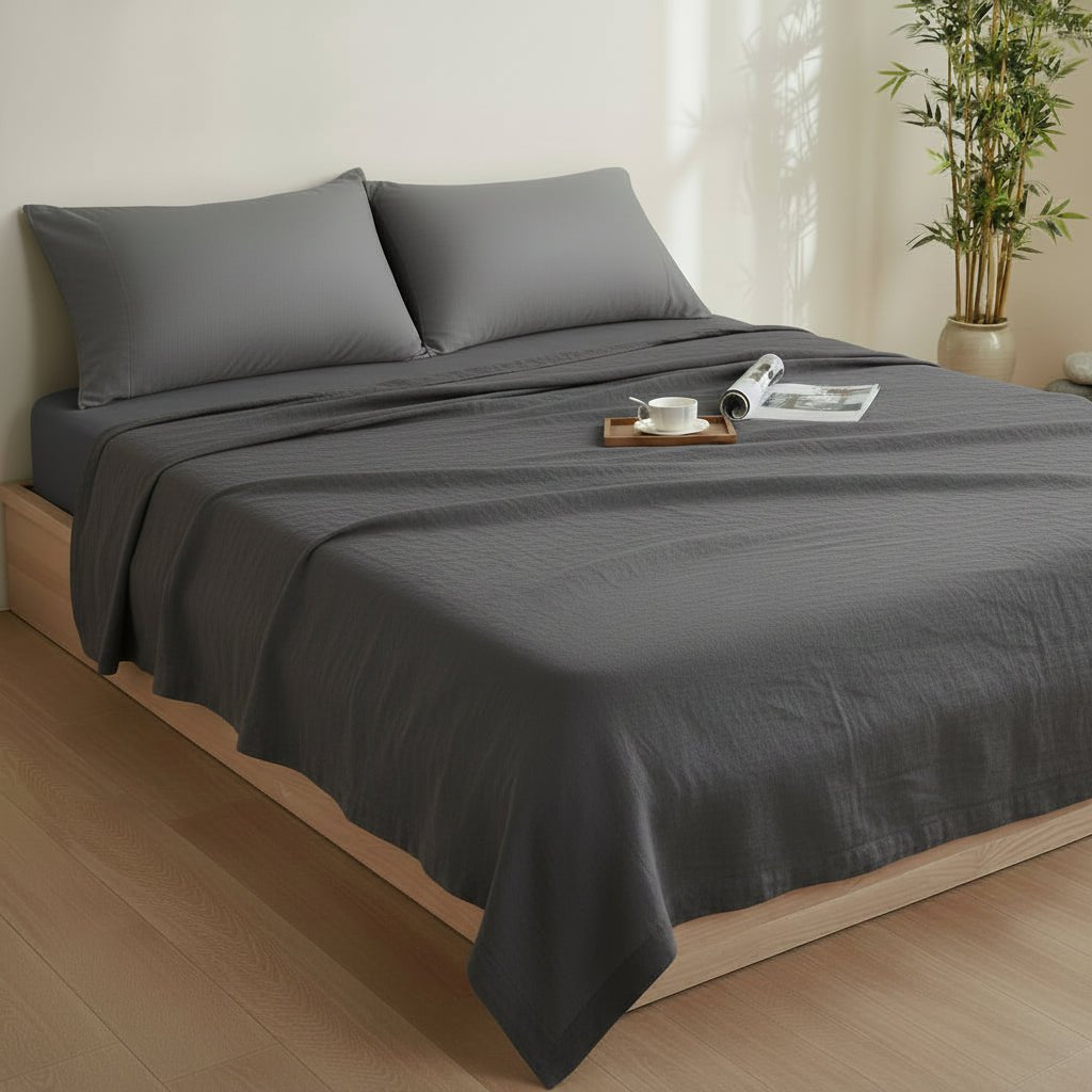 Drap plat lin gris lit