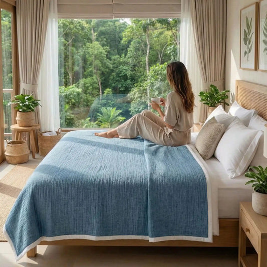 Femme sur une couverture en coton bleue