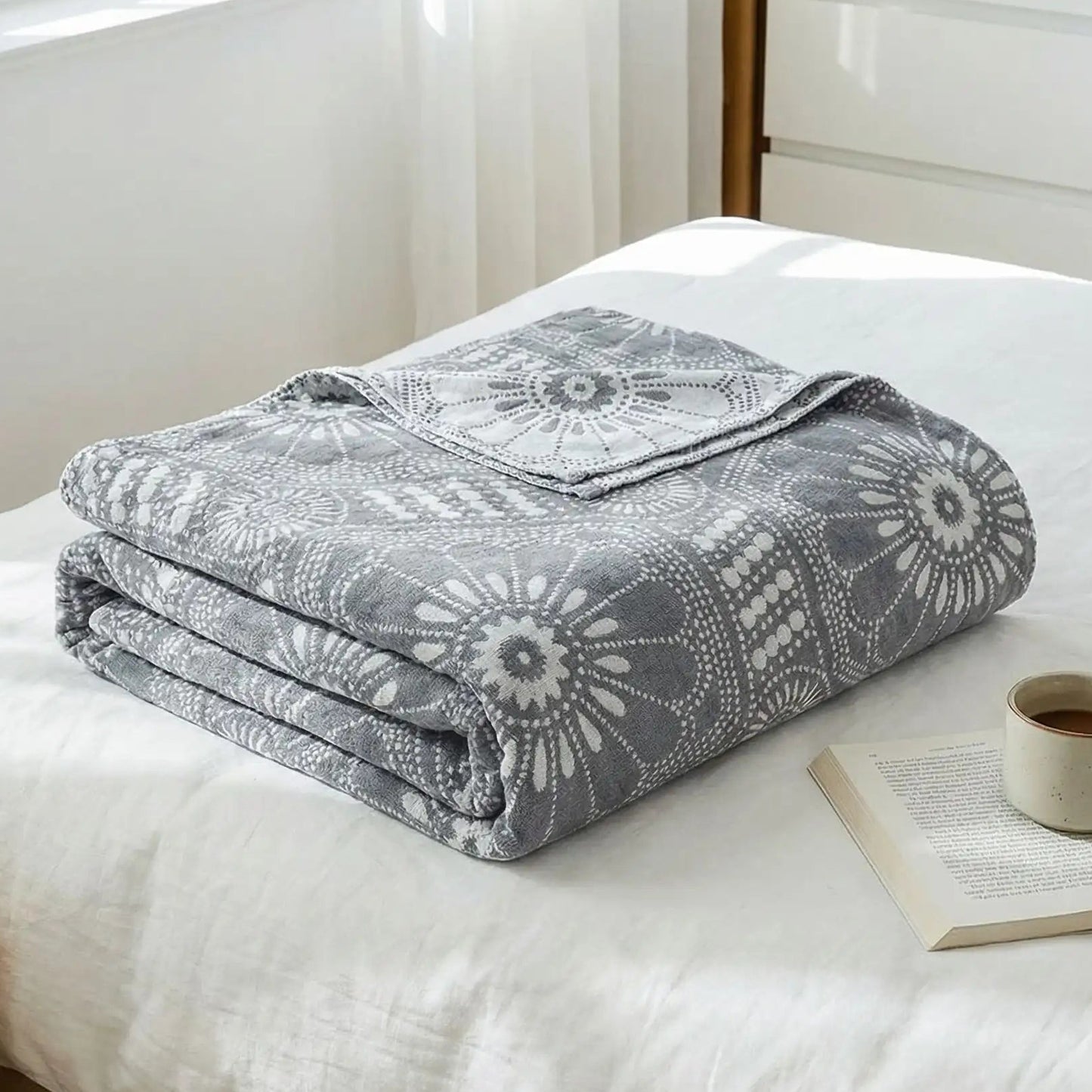 Couverture en coton motifs bohème grise