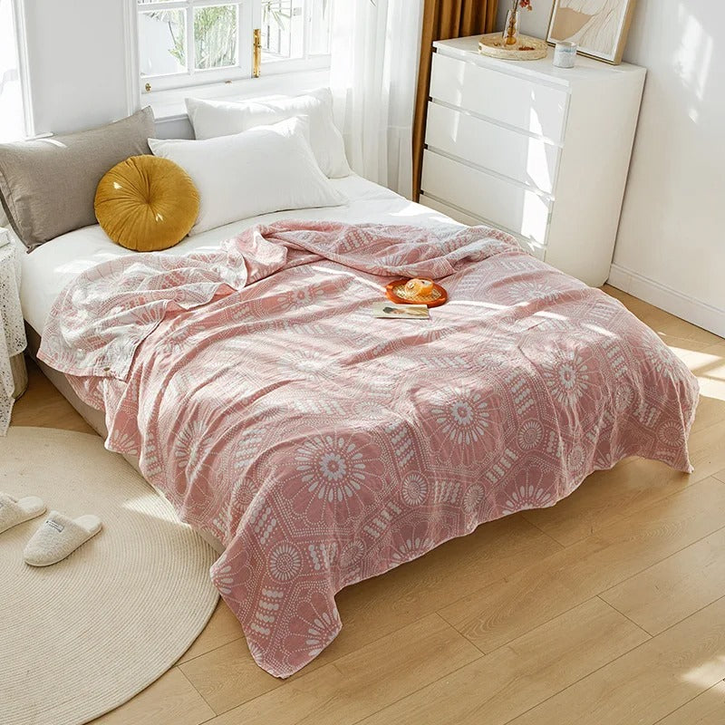 Couverture en coton motifs bohème rose
