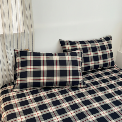Drap à carreaux bleu avec les oreillers assortis