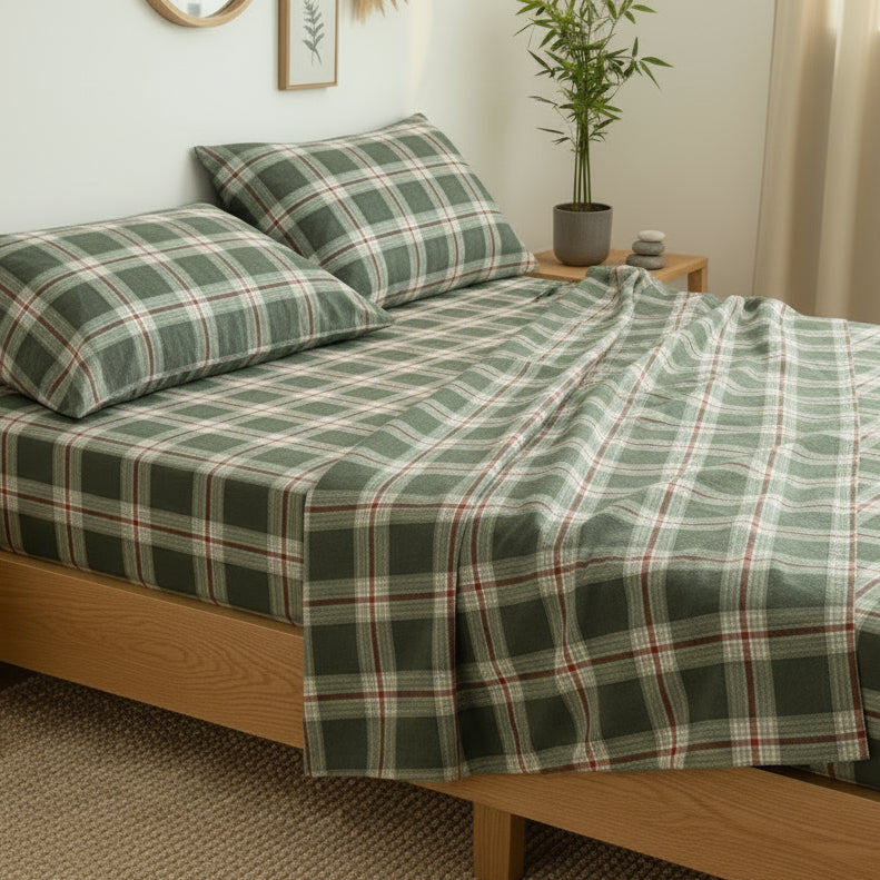 Drap carreaux vert sur un lit