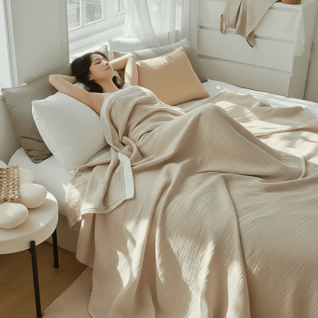 Drap en gaze de coton beige avec une femme couchée