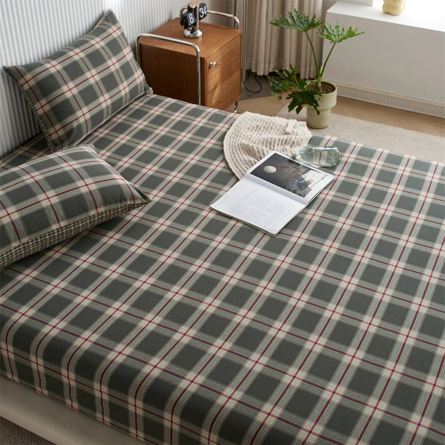 Drap housse 90x200 | Coton lavé à carreaux