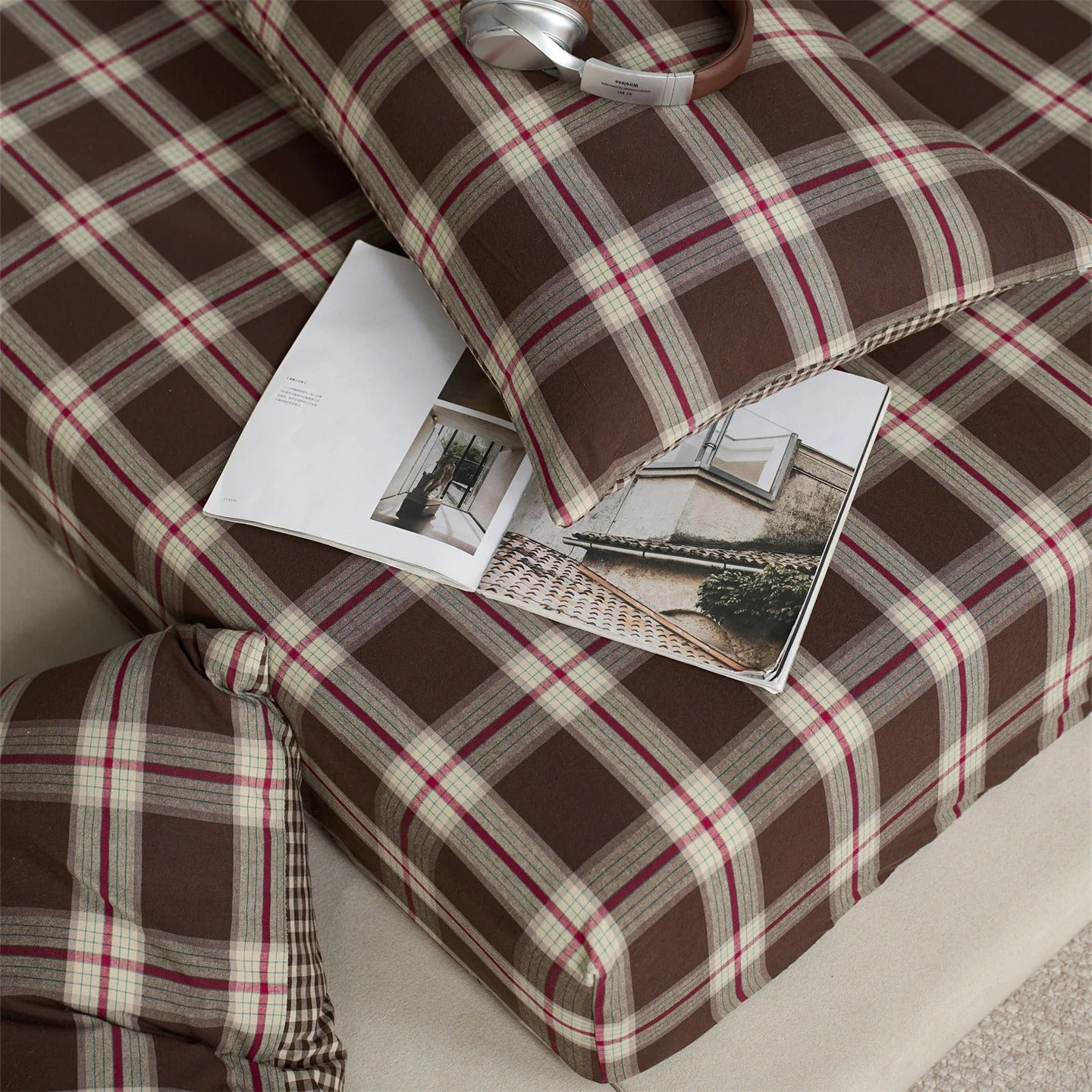 Drap housse 90x200 marron à carreaux