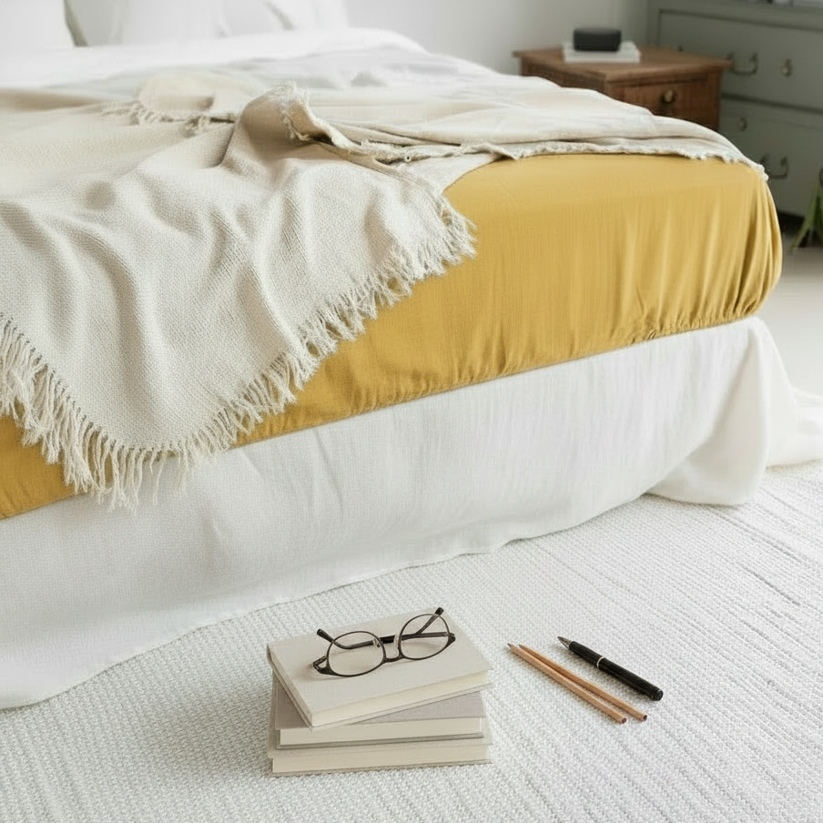 drap housse en lin jaune sur un lit