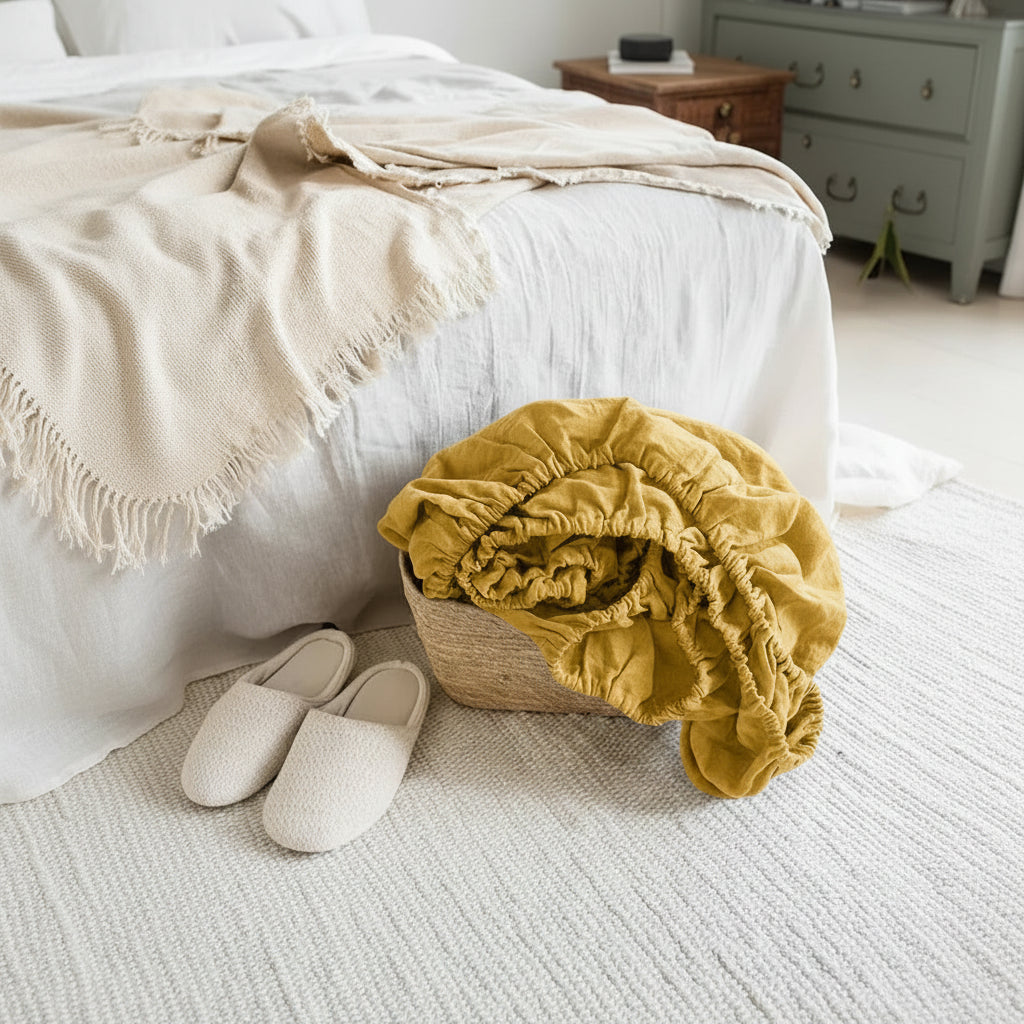 Drap housse en lin jaune dans un panier