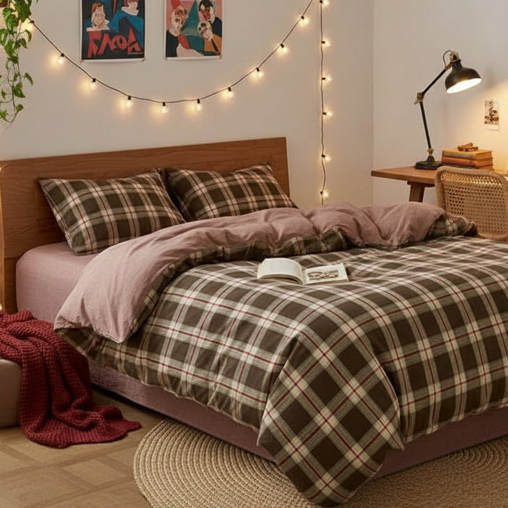 Housse de couette en coton | Motif écossais naturel