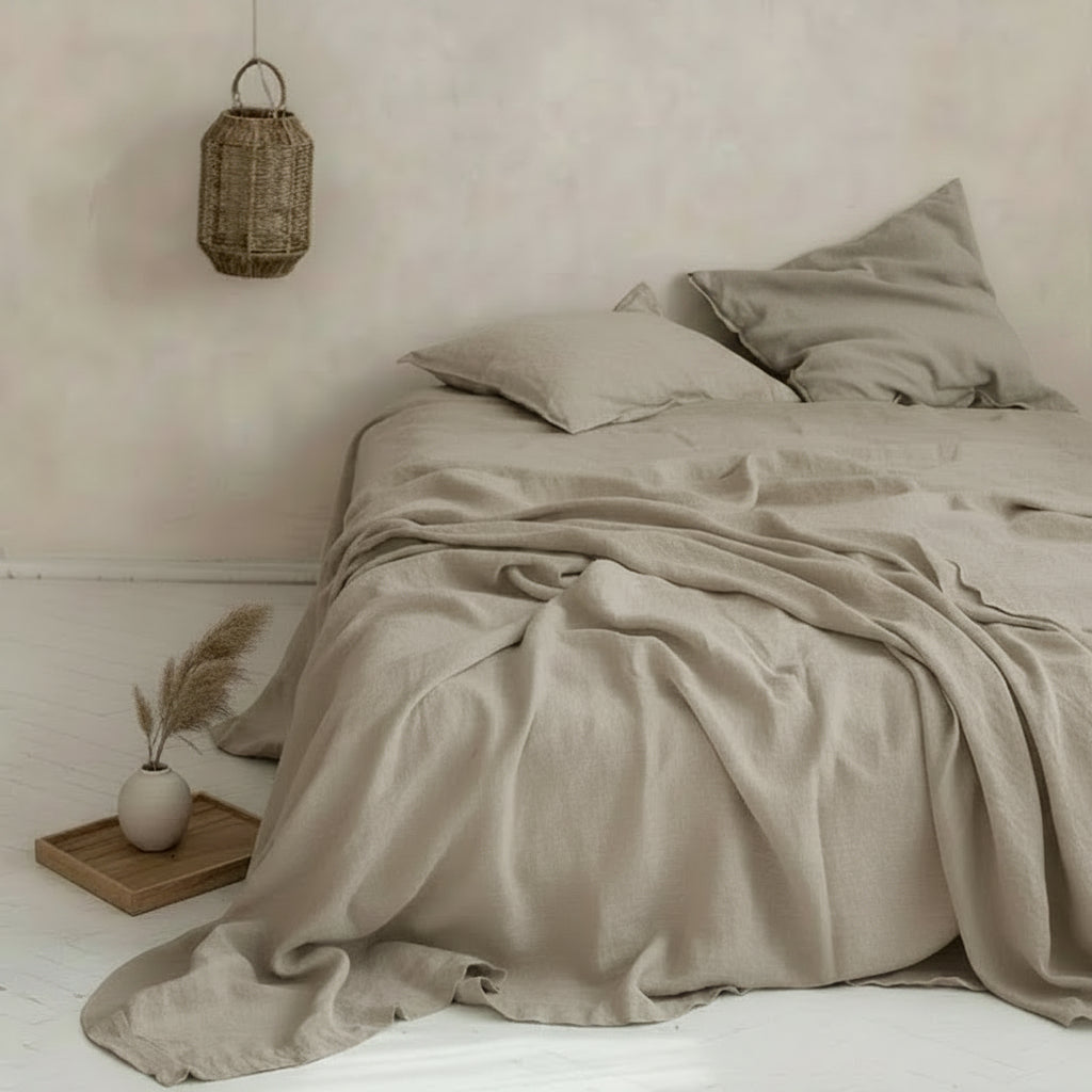 Drap plat lin beige chambre