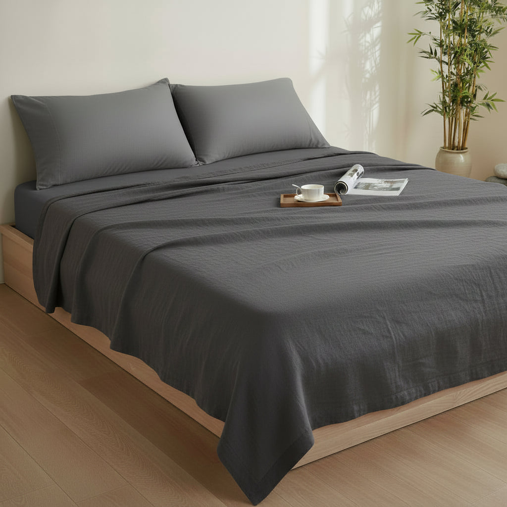Drap plat lin gris lit
