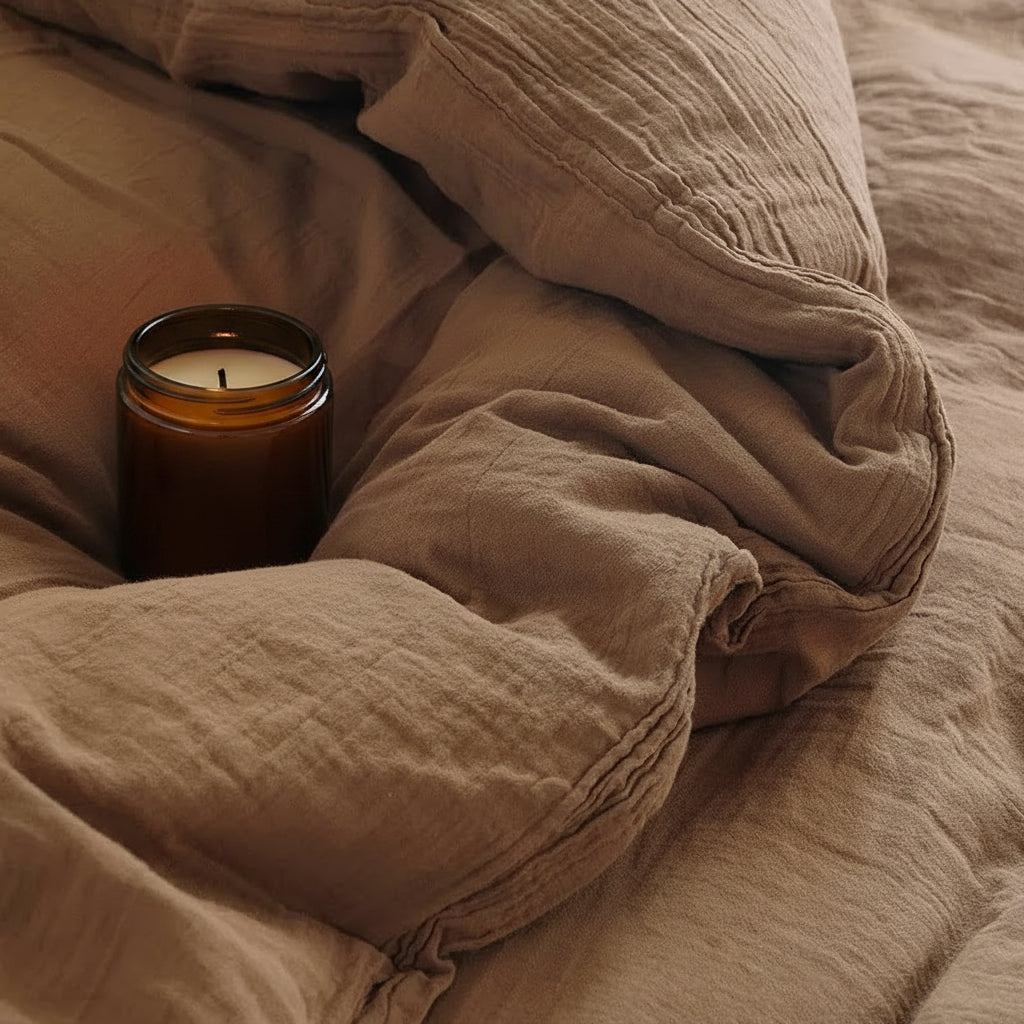 Housse de couette en gaze de coton de couleur caramel avec chandelle