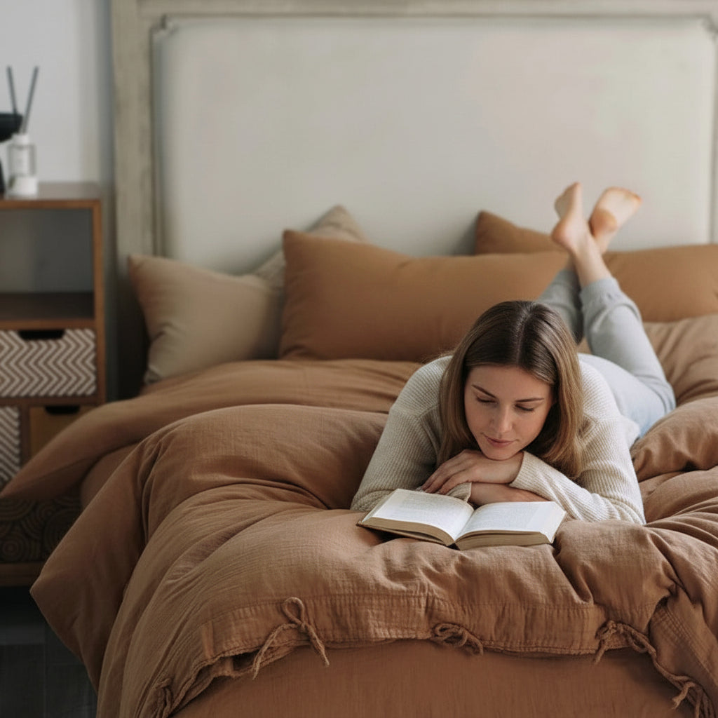 Housse de couette en gaze de coton de couleur caramel avec femme qui lit