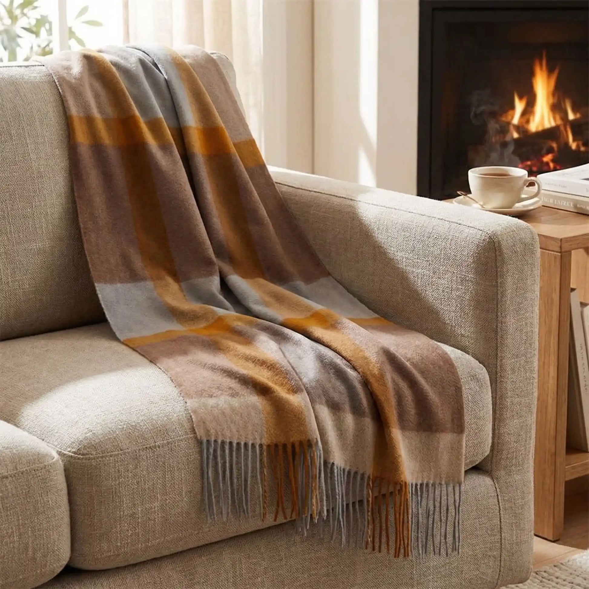 Plaid en laine marron sur un canapé
