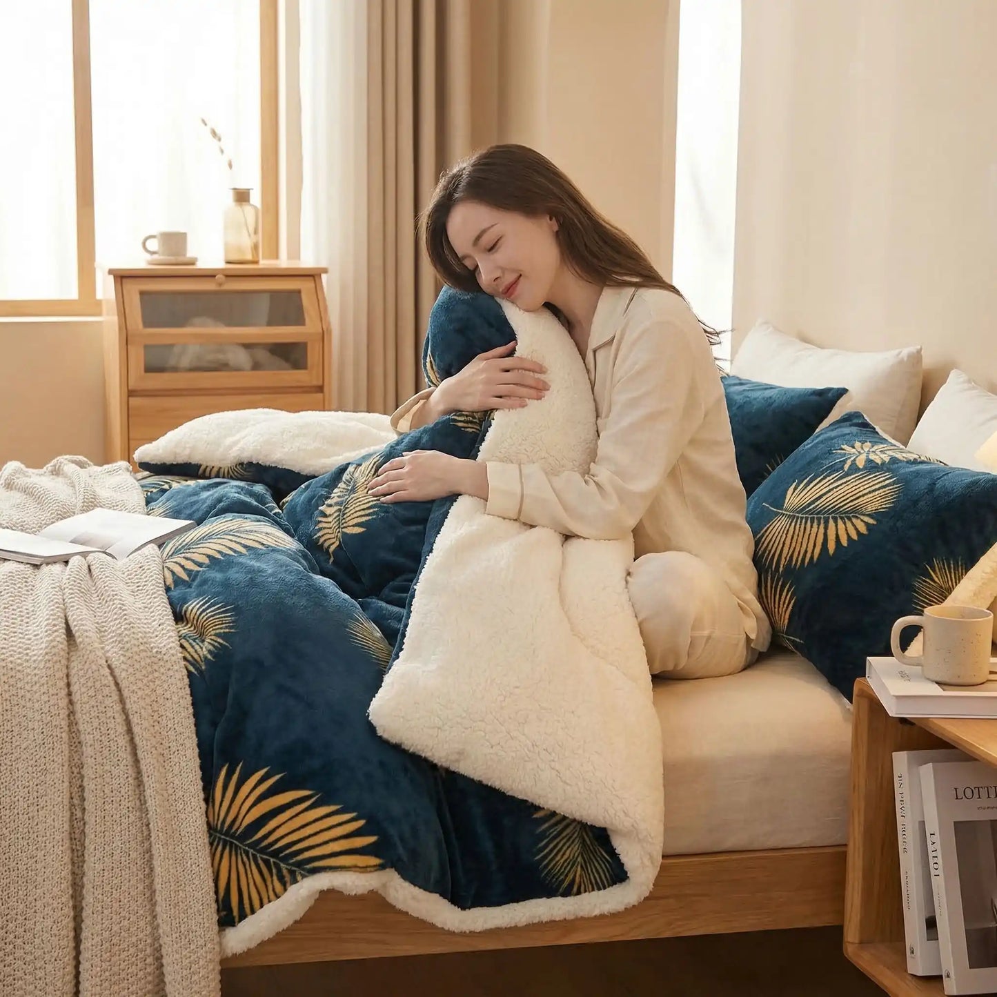 Polaire couverture bleue sur un lit