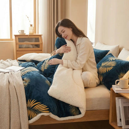 Polaire couverture bleue sur un lit