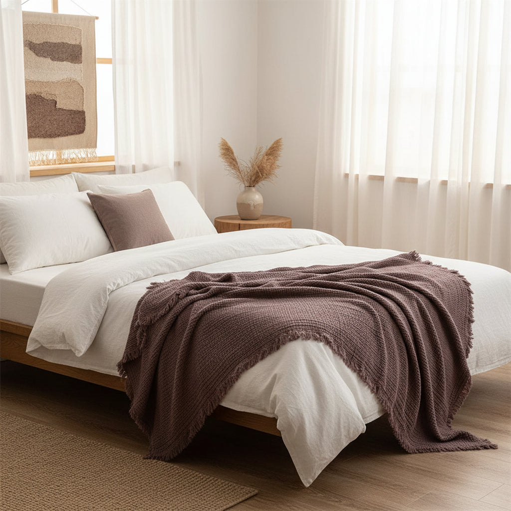 Couverture en coton boho de couleur prune sur un lit