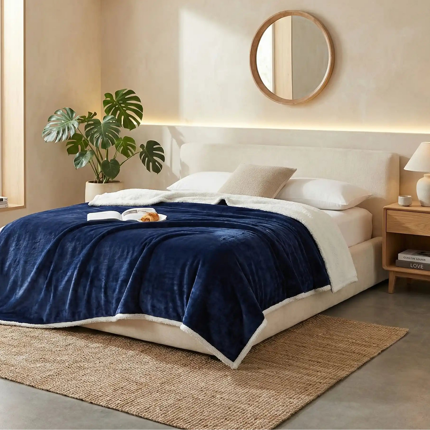 Couverture ne polaire bleue sur un lit