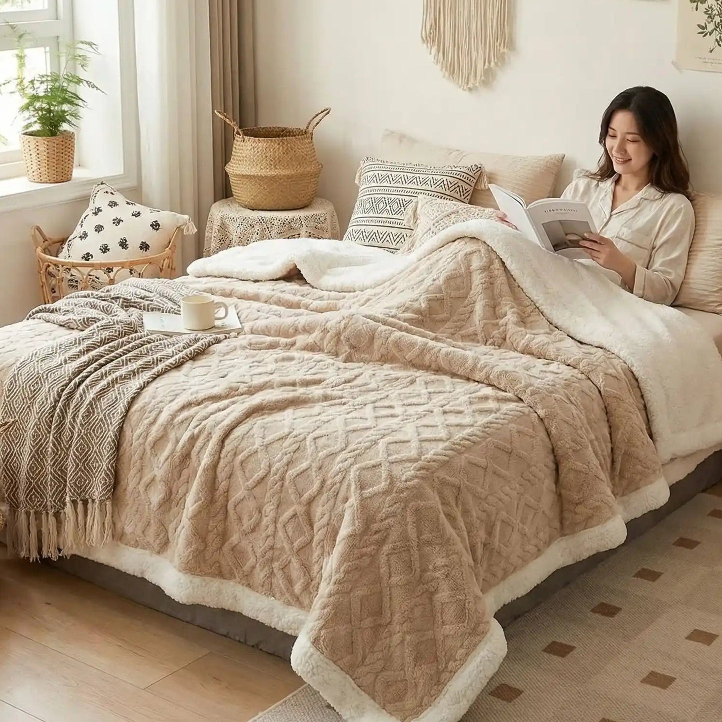 Femme dans un lit recouverte de sa couverture polaire douce