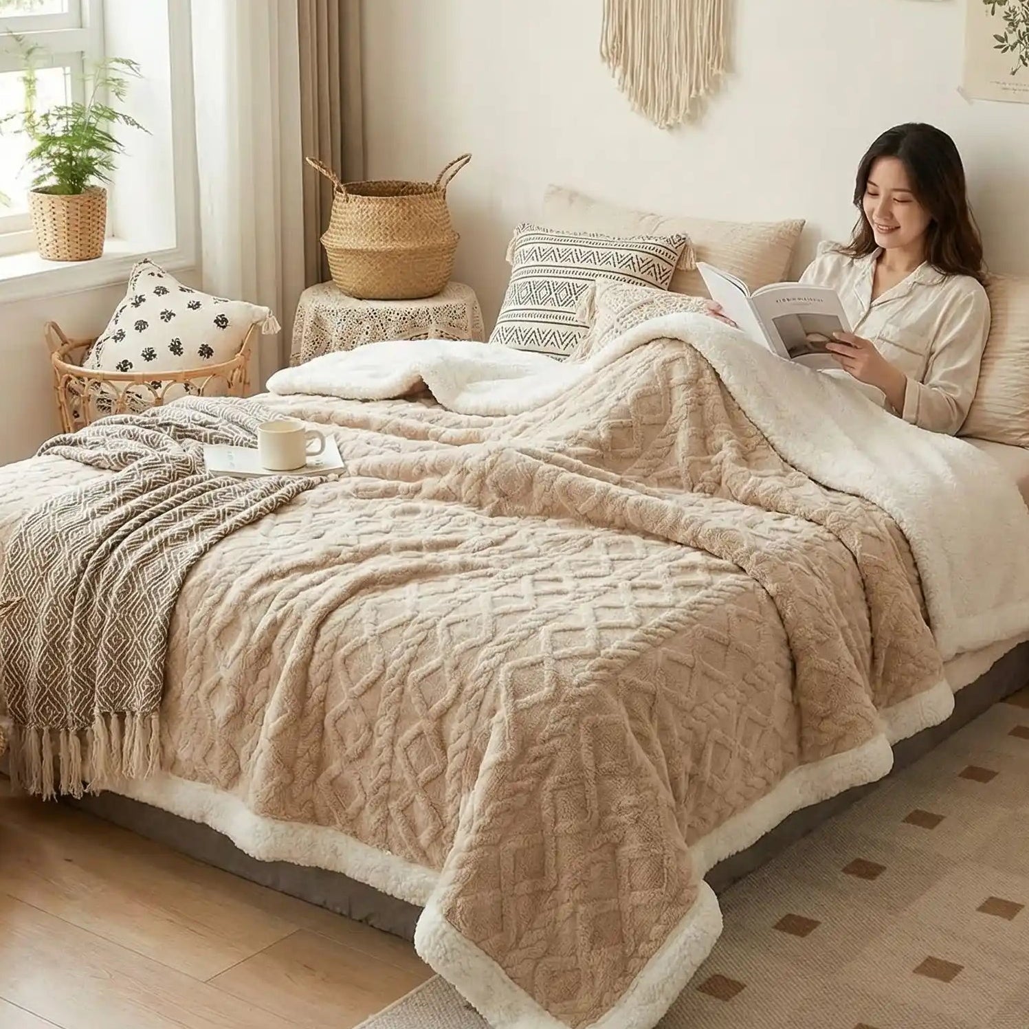 Femme dans un lit recouverte de sa couverture polaire douce