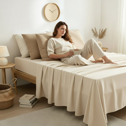 Drap en jersey beige avec femme qui lit