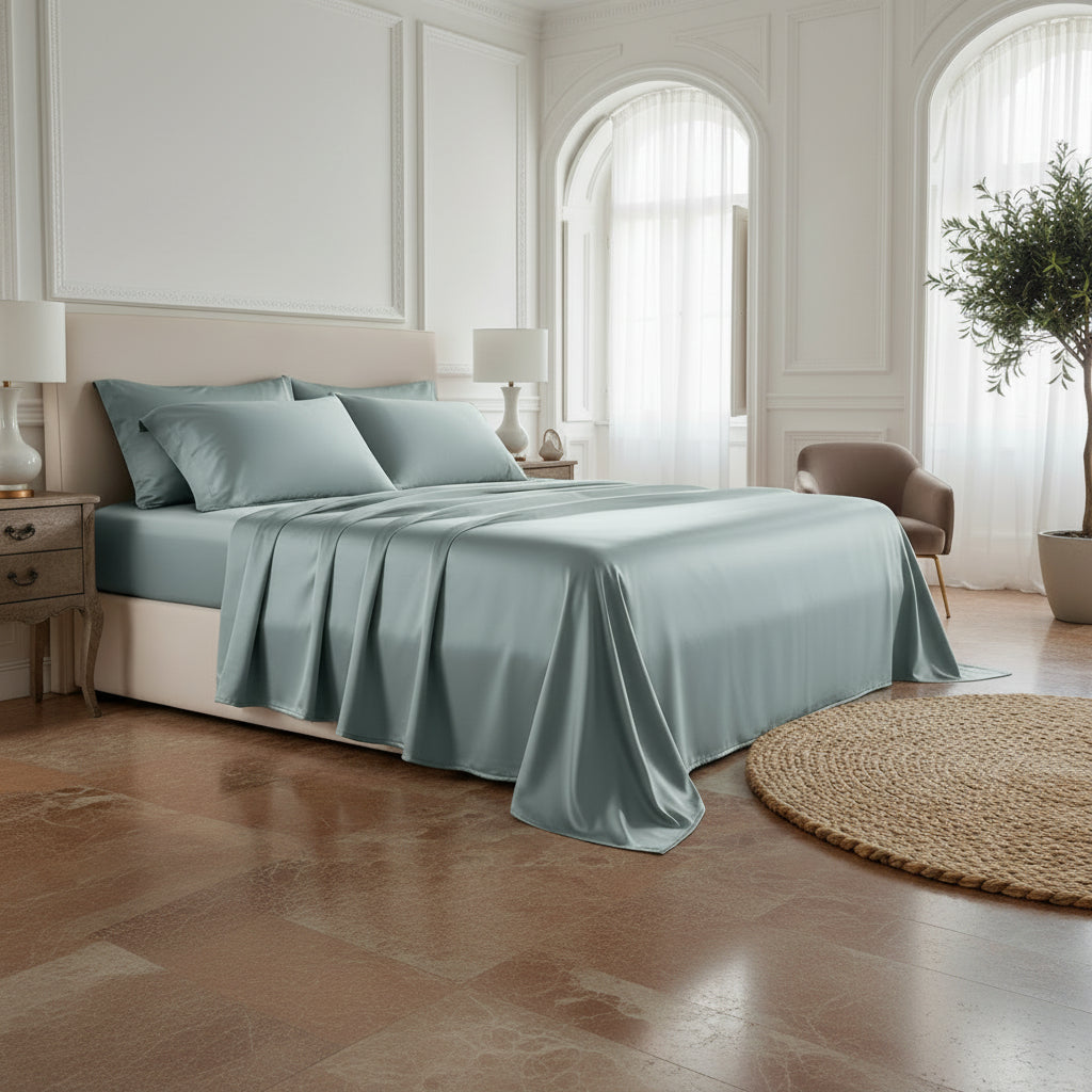 Drap en satin de coton de couleur ciel en zoom