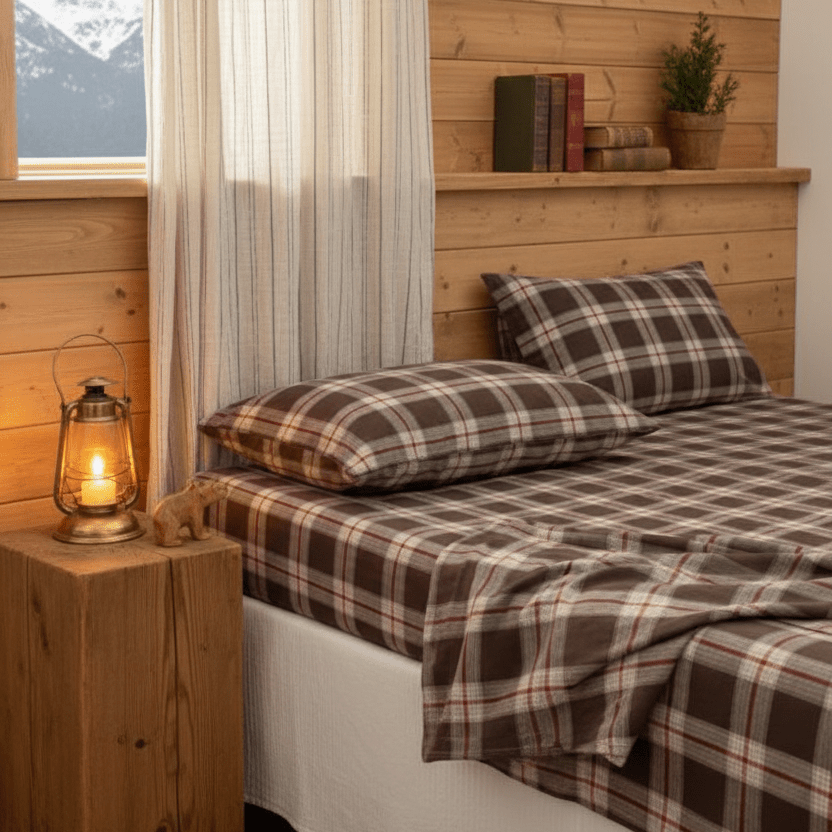 Drap marron sur un lit au chalet