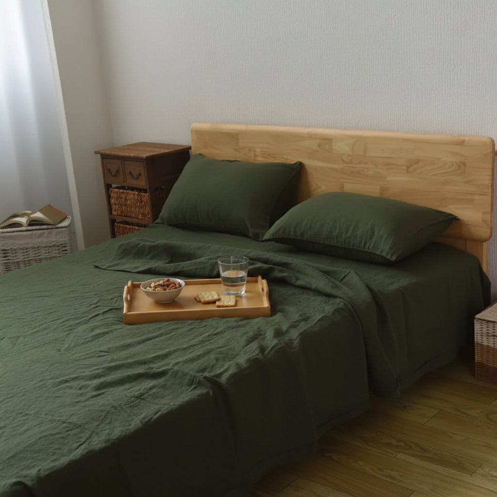 Drap plat en lin vert chambre