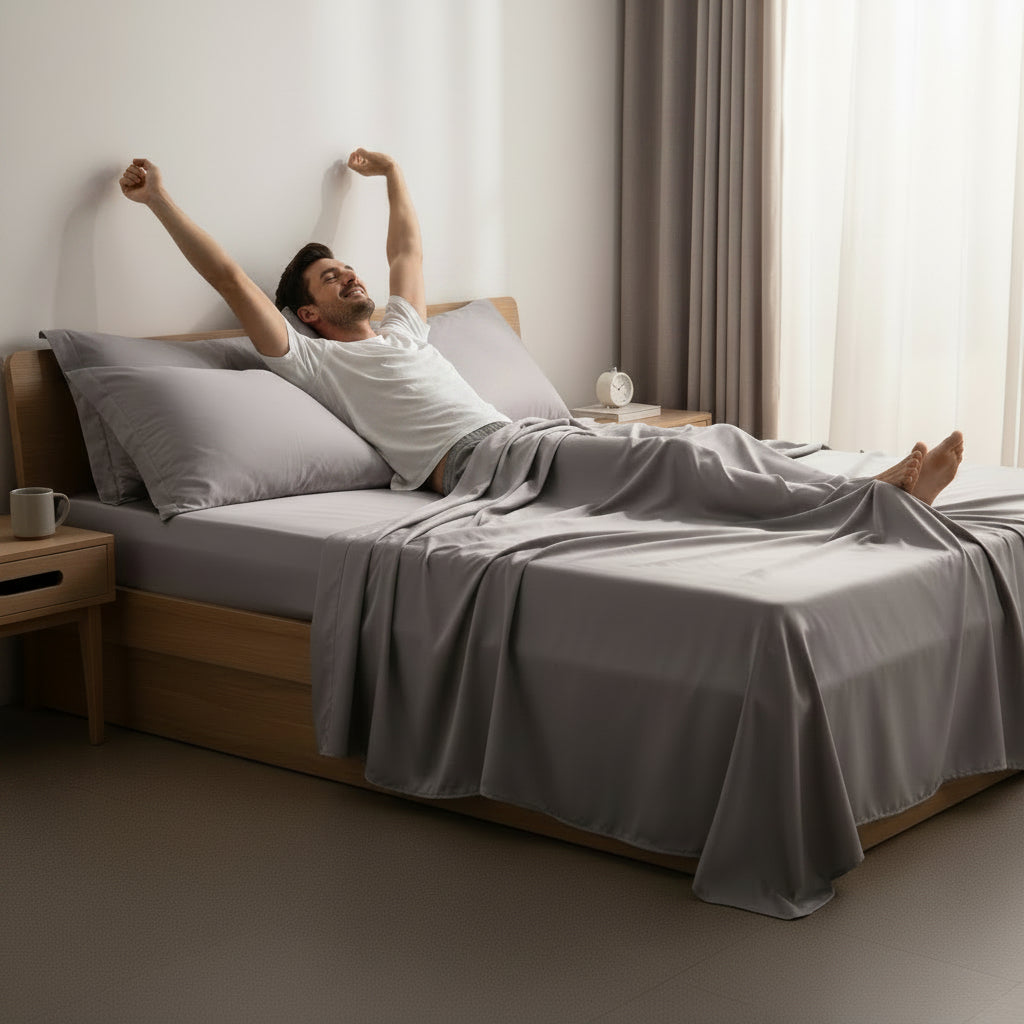 Drap satin gris avec homme au reveil