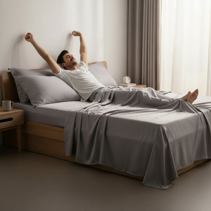 Drap satin gris avec homme au reveil