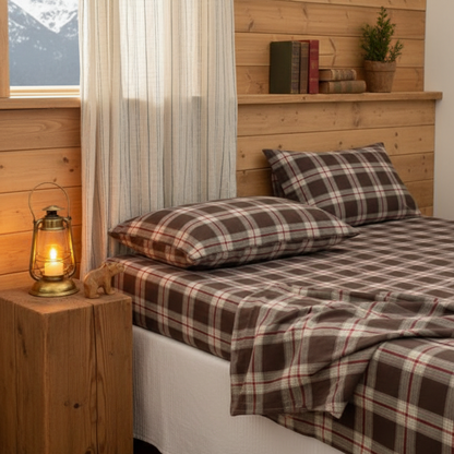Drap marron sur un lit au chalet