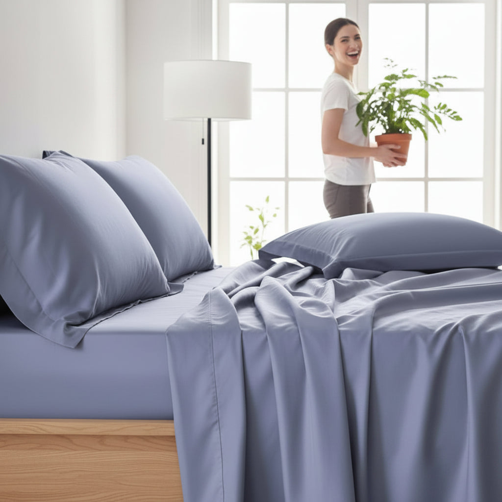 Draps en satin bleu cotton