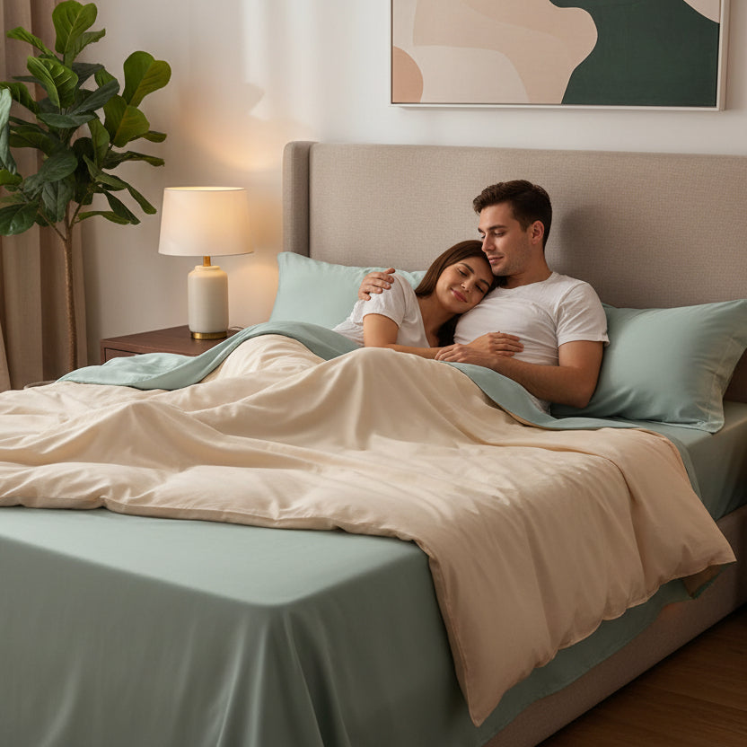 Draps en satin vert couple