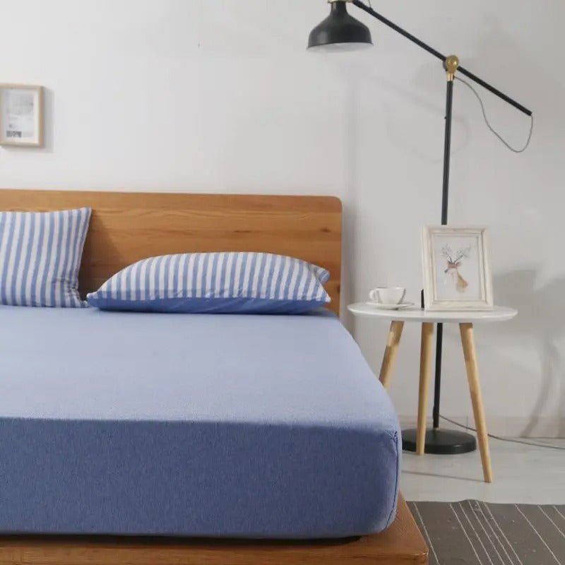 Draps housses jersey bleu chambre