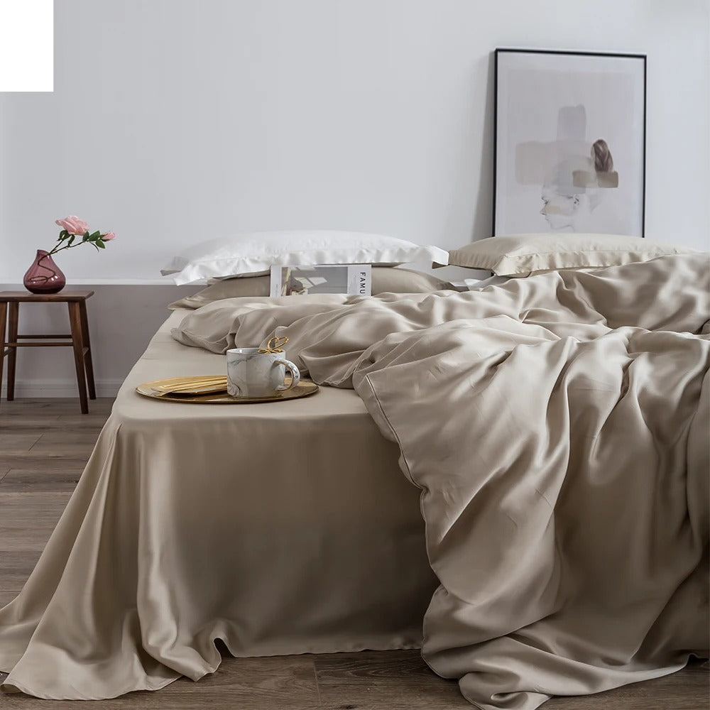 Housse couette satin de coton beige soyeuse
