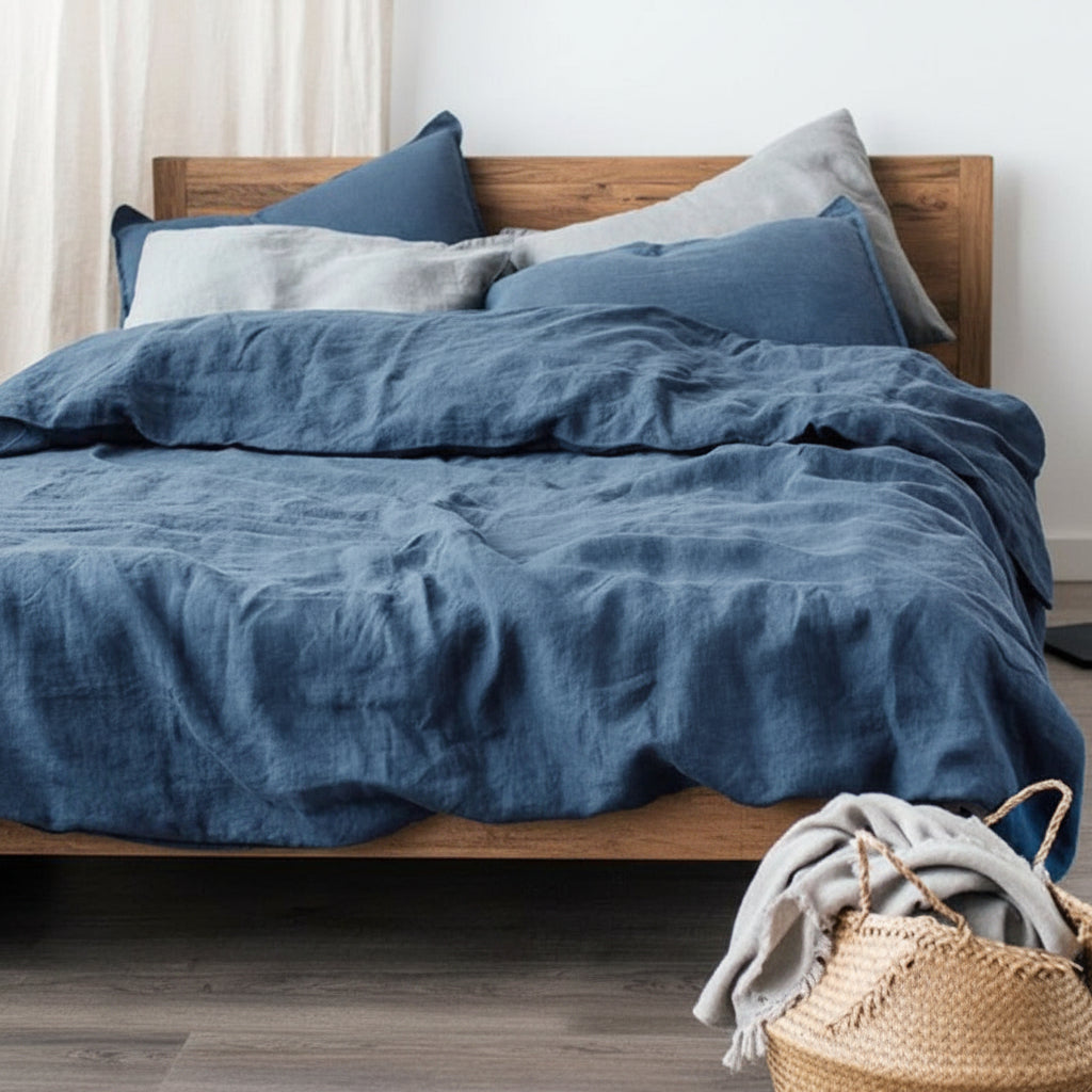 Housse de couette en lin lavé bleue