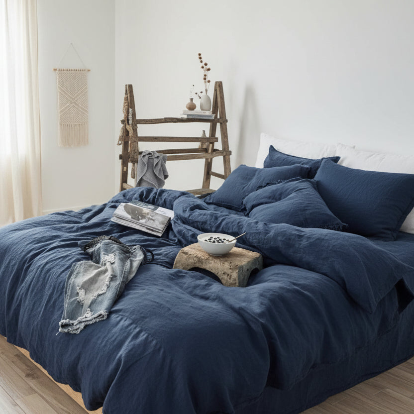 Housse de couette en li lavé bleue tendance