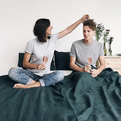 Housse de couette en lin lavé verte avec couple