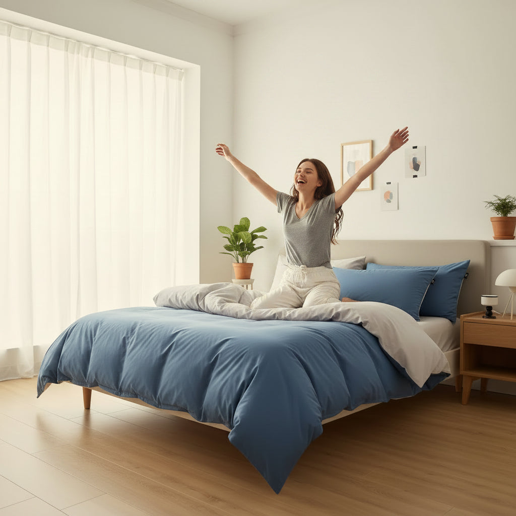 Housse de couette flanelle de couleur bleue avec femme sur le lit