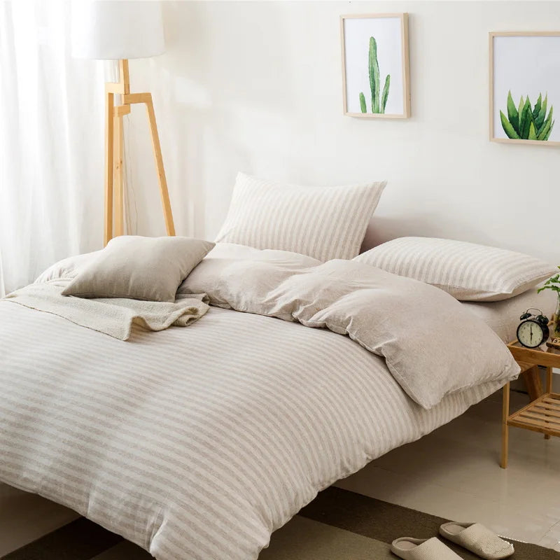 Housse de couette jersey beige en coton avec des rayures