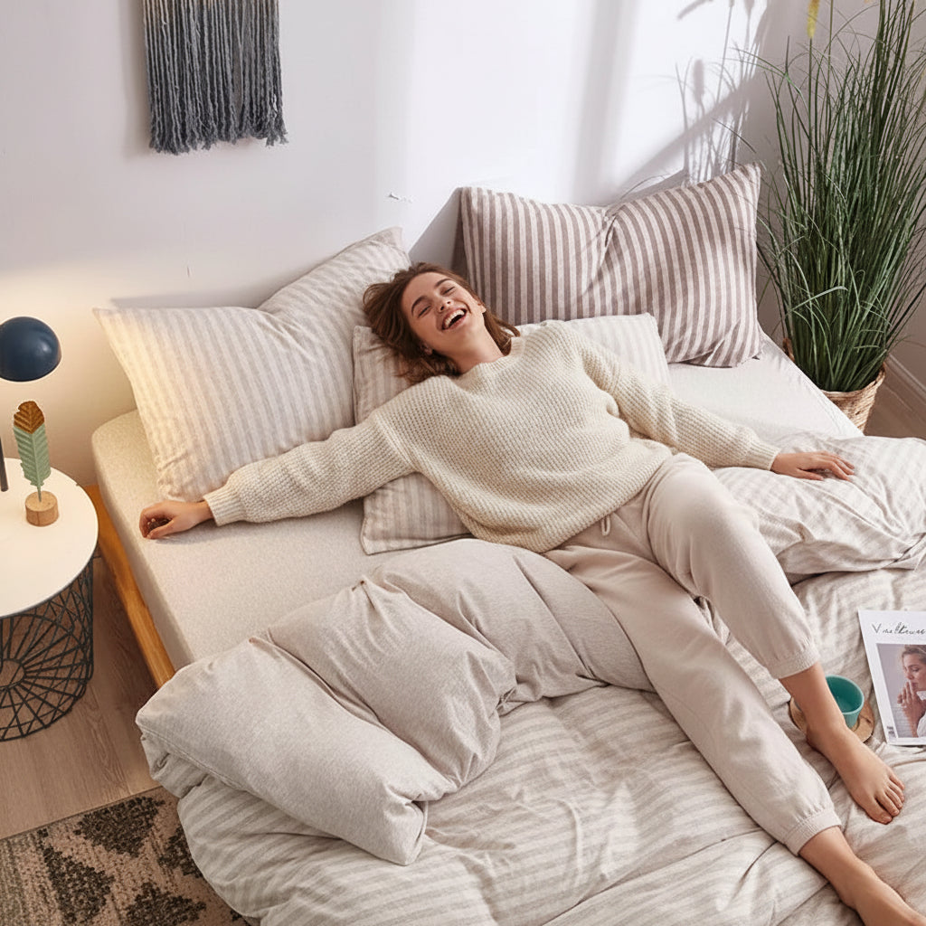 Housse de couette jersey en coton beige rayée avec femme heureuse