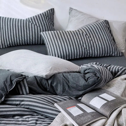 Housse de couette jersey en coton grise à raryures