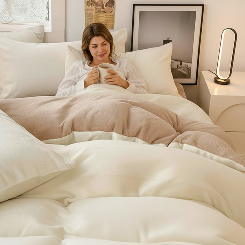 Housse de couette polaire beige femme qui boit un thé