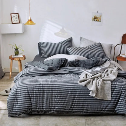 Housse de couette jersey en coton grise foncé à rayures