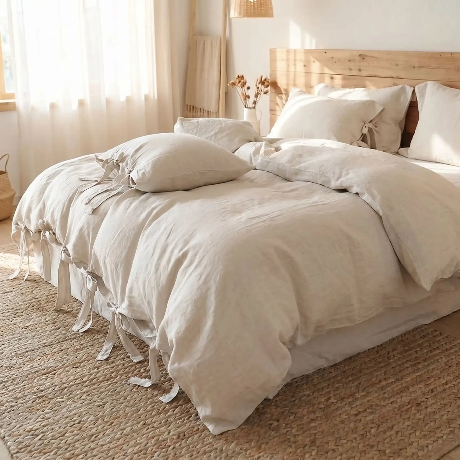 Housse de couette en lin lavé beige sur un lit
