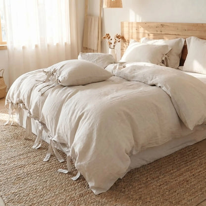 Housse de couette en lin lavé beige sur un lit