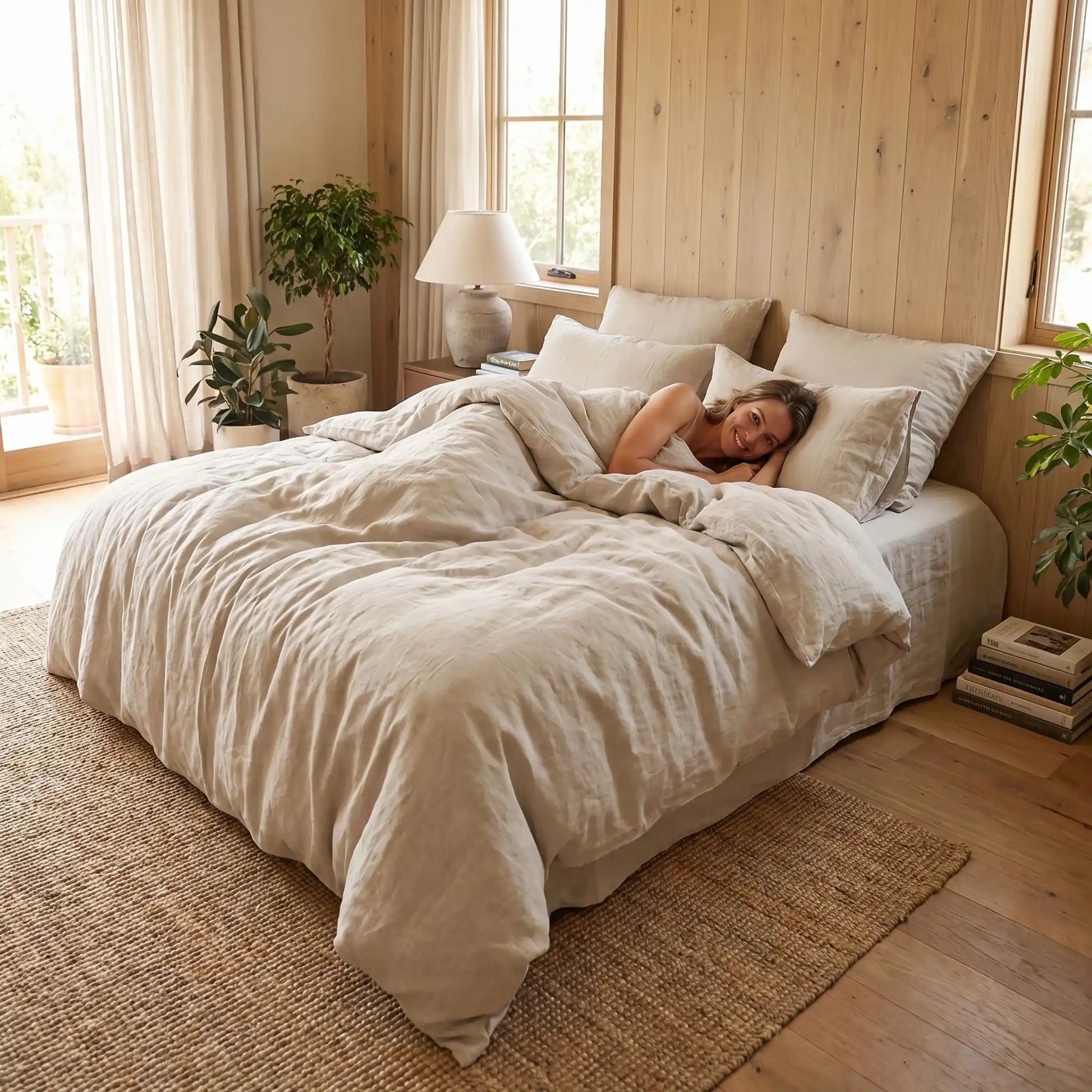 Housse de couette en lin lavé beige dans une chambre rustique