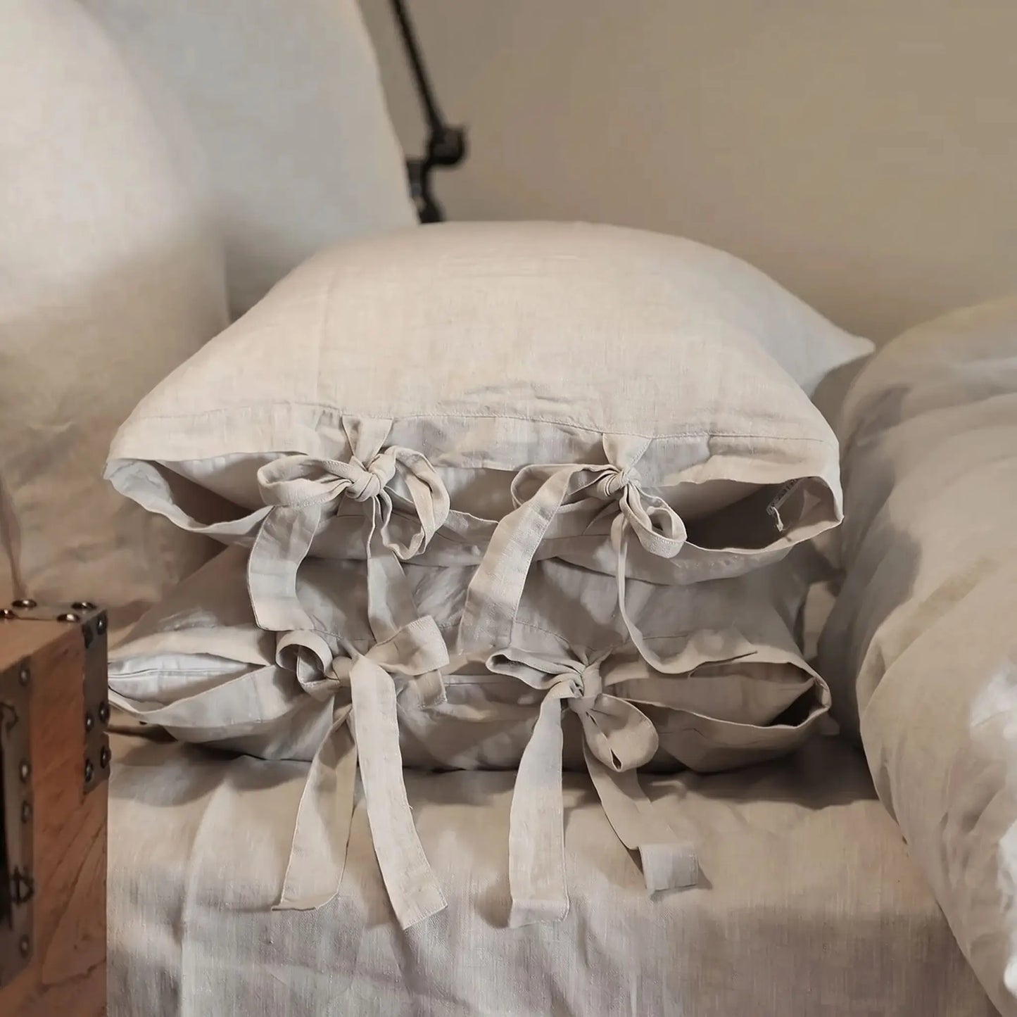 Housse de couette en lin lavé beige avec oreillers