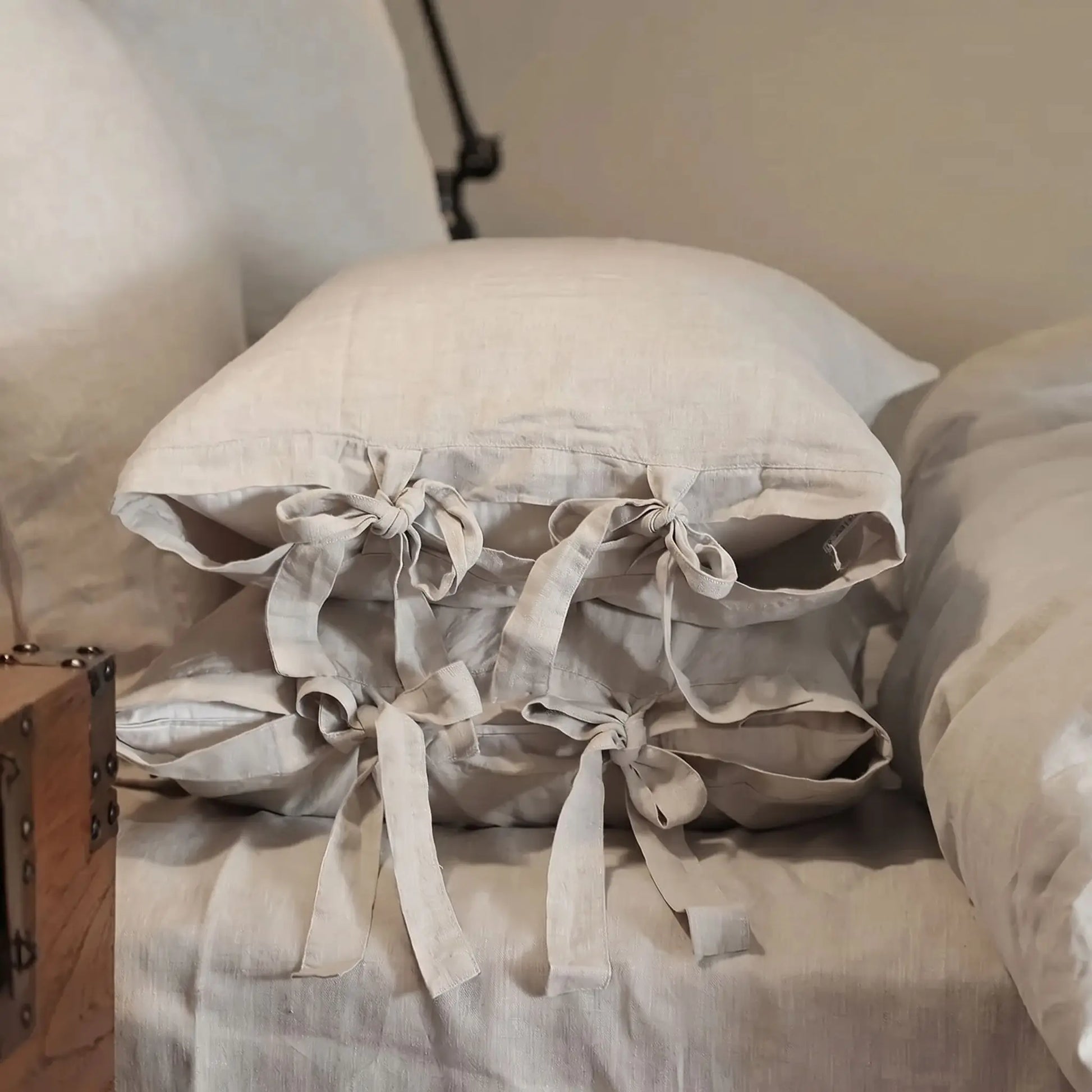 Housse de couette en lin lavé beige avec oreillers