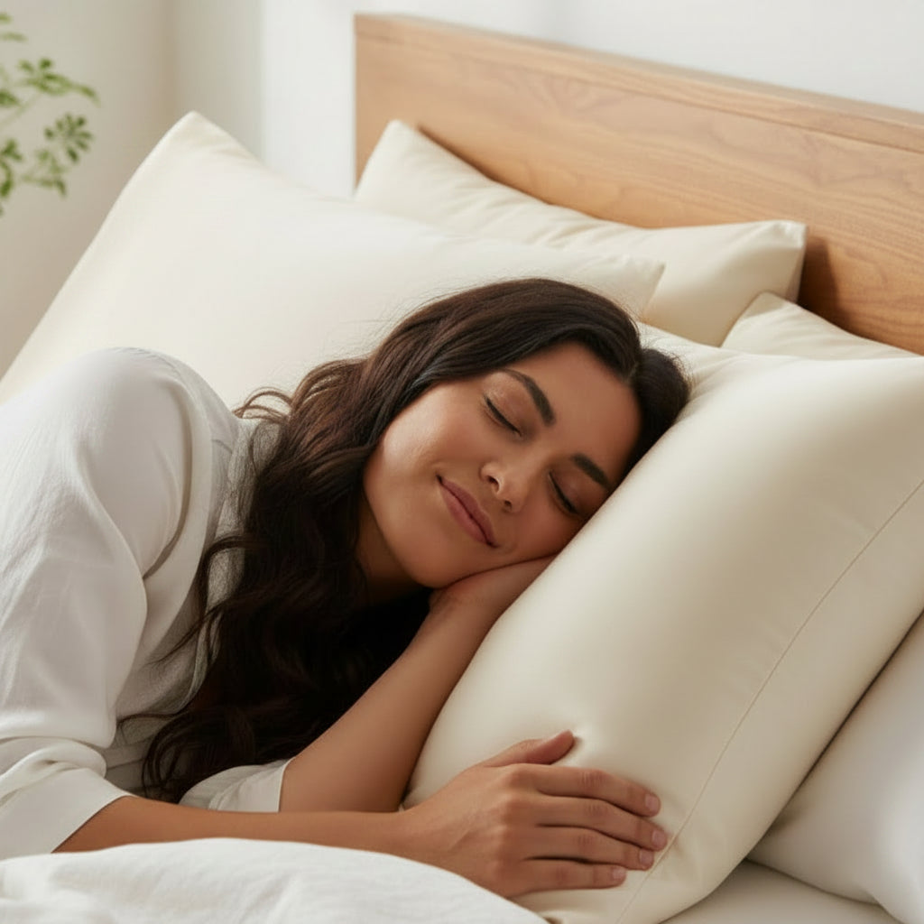 Taie d'oreiller de couleur blanc ivoire avec femme couchée